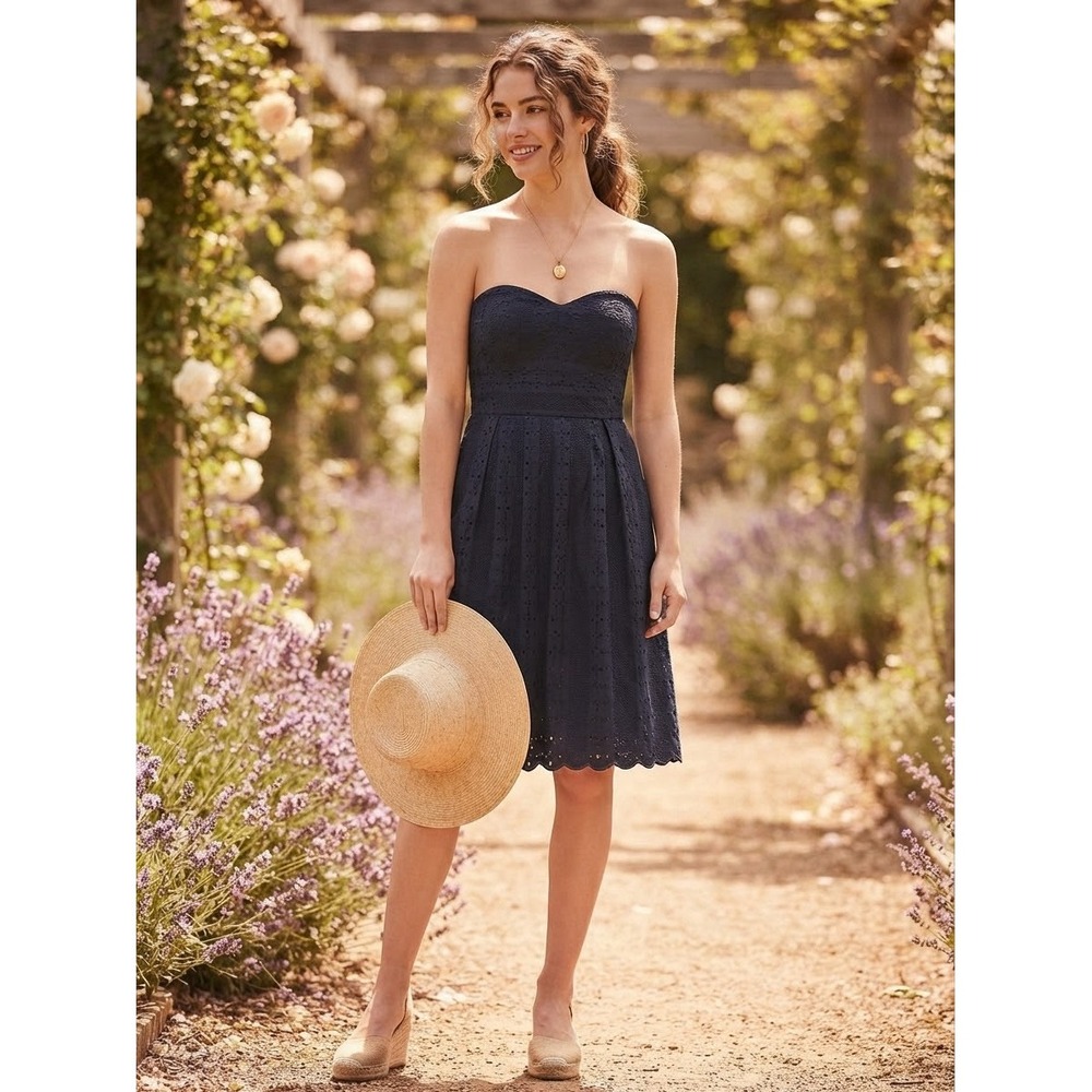 J.Crew Strapless Eyelet Sundress 12 Navy Blue Lined Preppy Coastal Boho Resort